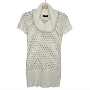 t/o Sweaters Turtleneck Short Sleeve Sweater White Accented with Gold Thread SML